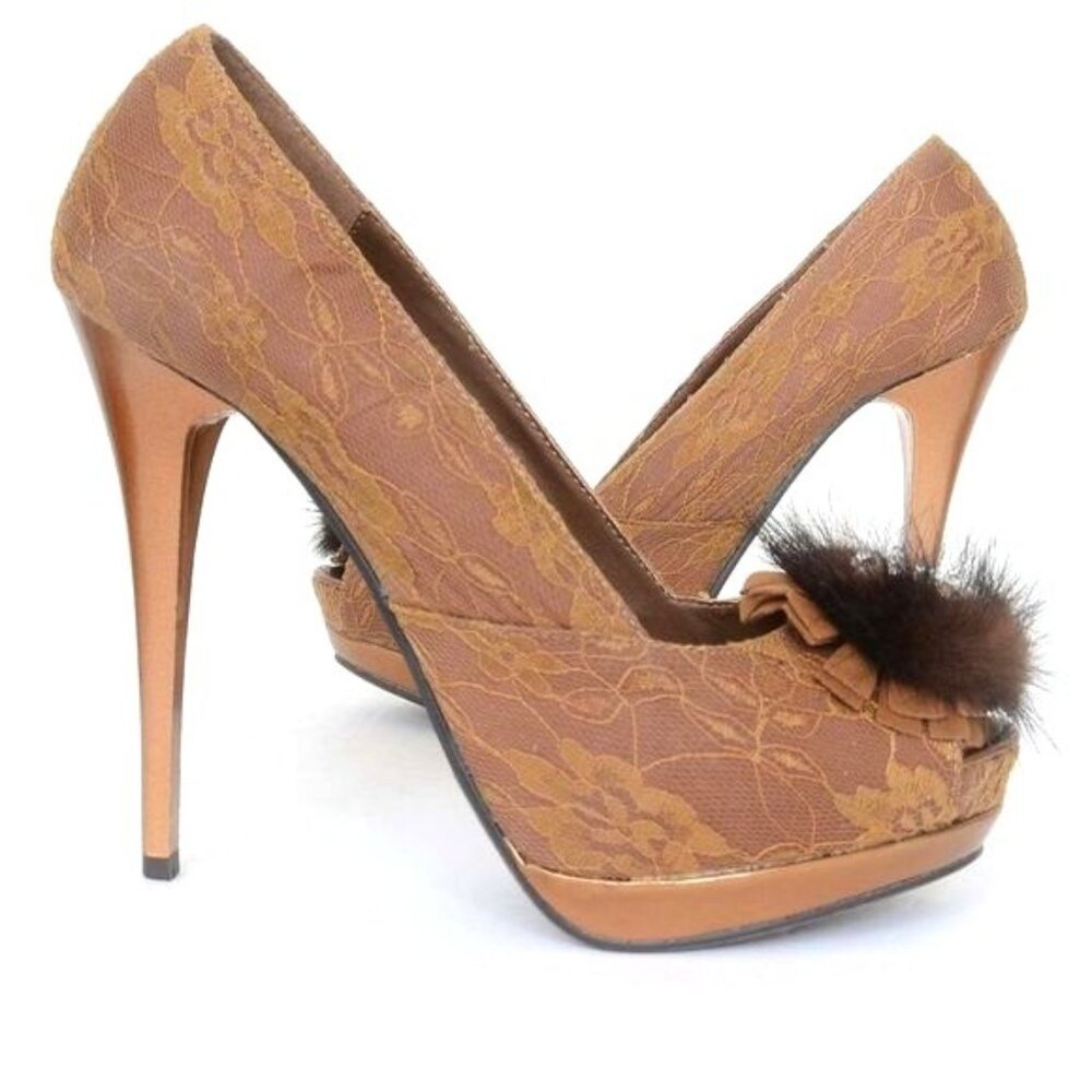 2 Lips Too Women's 8.5 Peep Toe Brown Lace Stiletto Heels Coquette Feminine Pump